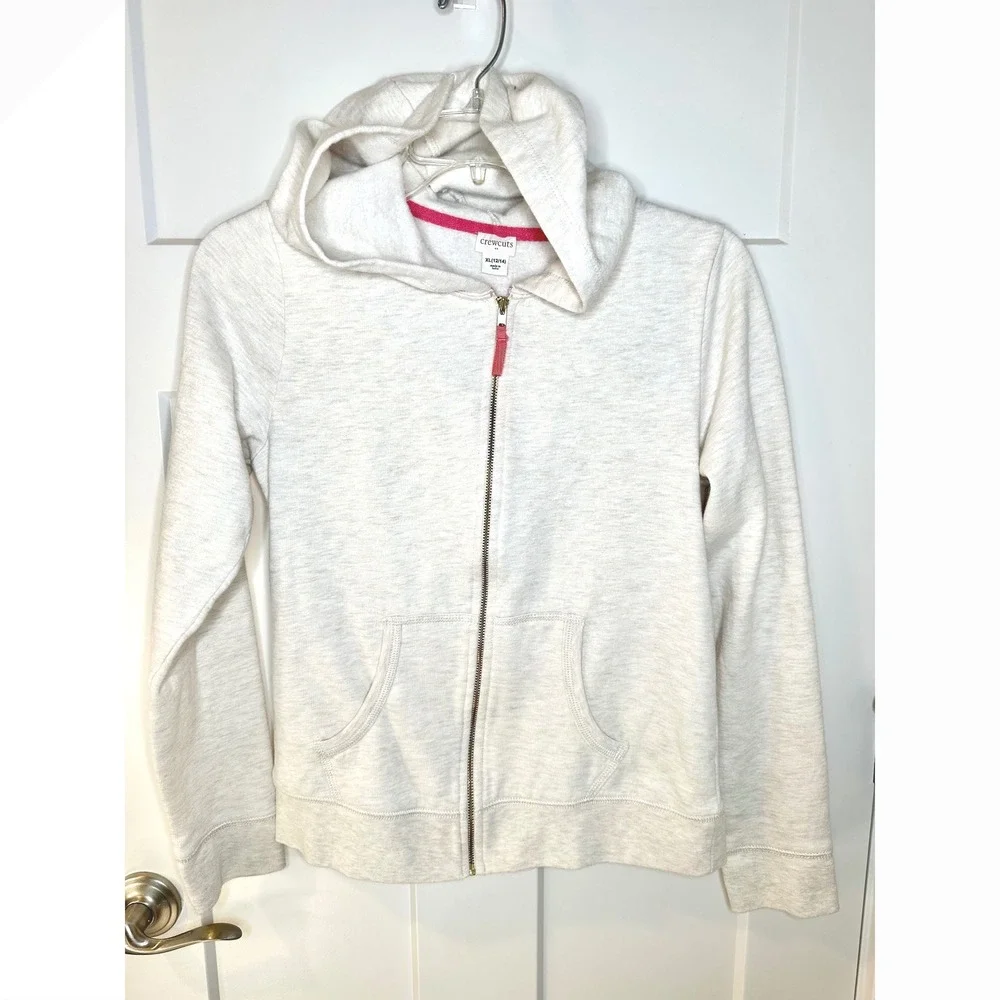 Crewcuts‎ J Crew Girls XL 12-14 Oatmeal Heather Fleece Zip Up Hoodie Pink Trim